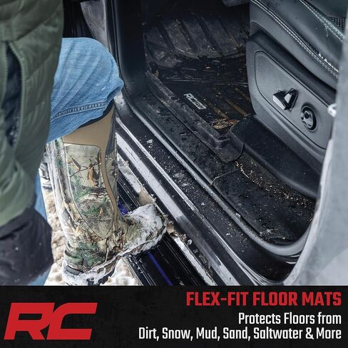 Rough Country Flex-Fit Floor Mats for Ram 1500 (2025-2026) Crew Cab - Front & Rear Set, Custom All-Weather Non-Slip TPE Liners with Spill Saver Lip in Kuwait