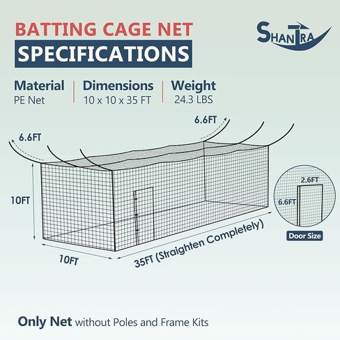 SHANTRA Batting Cage Net, 55'L/35'L/20'L, Fully Enclosed Baseball & Softball Cage Netting - NET ONLY - Not Include Poles and Frame - PE Hitting Cage Net with Door, Batting Nets for Baseball Backyard in Saudi Arabia