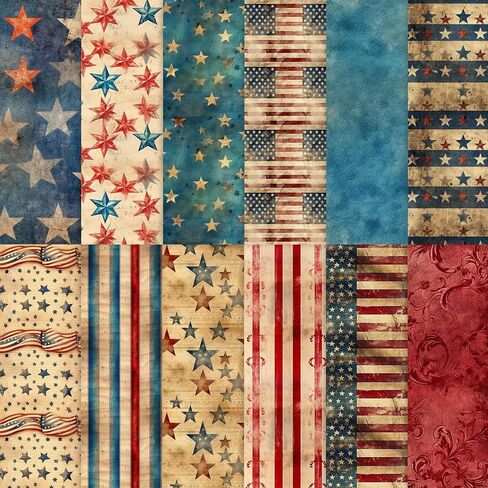 24 Sheets Vintage Patriotic Scrapbook Paper, 12 Styles Retro Red Blue Stars Flags Stripes Patterns Decorative Craft Paper Folded Flat for 4th of July Card Making Photo Album Decor, 11.8'' x 11.8' in Saudi Arabia