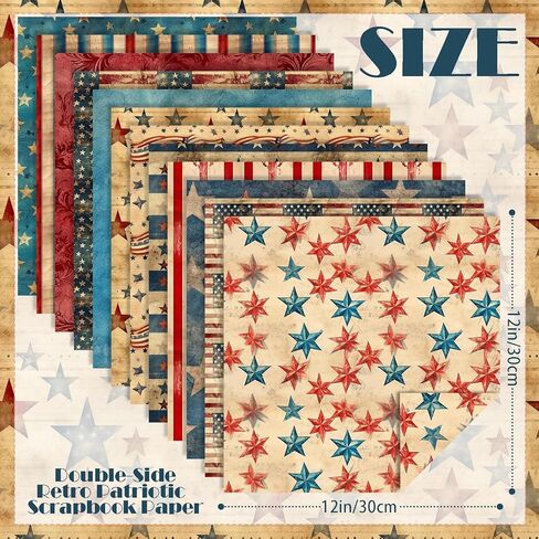 24 Sheets Vintage Patriotic Scrapbook Paper, 12 Styles Retro Red Blue Stars Flags Stripes Patterns Decorative Craft Paper Folded Flat for 4th of July Card Making Photo Album Decor, 11.8'' x 11.8' in Saudi Arabia