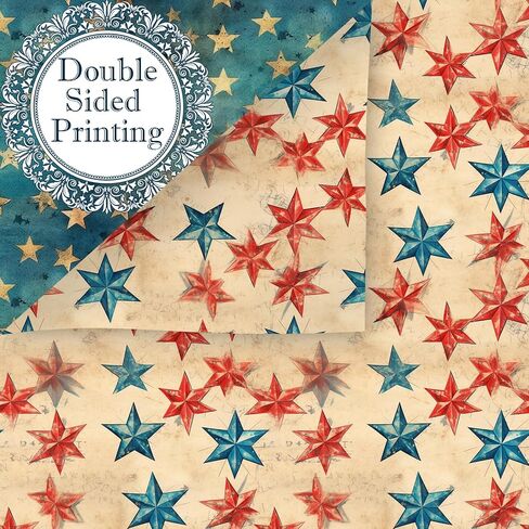 24 Sheets Vintage Patriotic Scrapbook Paper, 12 Styles Retro Red Blue Stars Flags Stripes Patterns Decorative Craft Paper Folded Flat for 4th of July Card Making Photo Album Decor, 11.8'' x 11.8' in Saudi Arabia