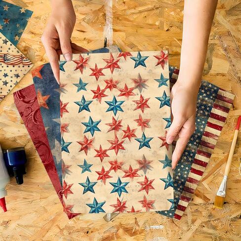 24 Sheets Vintage Patriotic Scrapbook Paper, 12 Styles Retro Red Blue Stars Flags Stripes Patterns Decorative Craft Paper Folded Flat for 4th of July Card Making Photo Album Decor, 11.8'' x 11.8' in Saudi Arabia