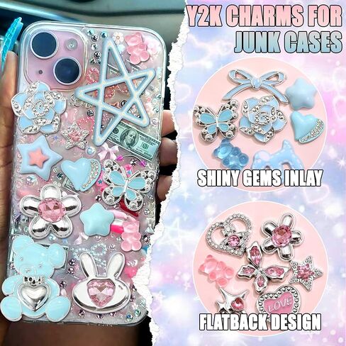 BELICEY Junk Case Charms Y2K Bow Big Charm for Junk Cases 3D Pink Star Butterfly Charms for Phone Case Blue Heart Flower Bear for Customizing Cute DIY Craft in Kuwait