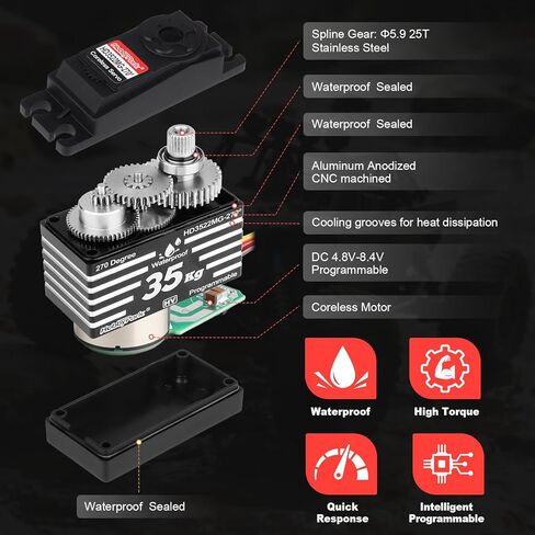 HobbyPark 35kg Waterproof 270 Degrees High Torque Coreless Motor Servo with Stainless Steel Metal Gears Digital for RC Cars, Trucks, Crawler Robot Projects, Arduino, High Voltage, Programmable in Kuwait