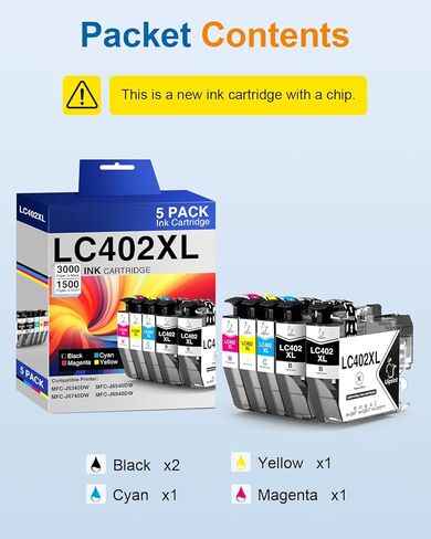 خراطيش حبر LC402XL بديلة لخراطيش حبر Brother LC402 XL لطابعات Brother MFC-J5340DW MFC-J6540DW MFC-J6940DW، 5 عبوات عالية الإنتاجية (2 أسود، 1 سماوي، 1 أرجواني، 1 أصفر) in Kuwait