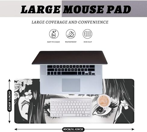 Anime Girl Eyes Gaming Mouse Pad Black White Manga Art Extended Mousepad Waterproof Stitched Edges Rubber Base Non-Slip Deskmap Computer Keyboard Mat Office Computer Keyboard Laptop 31.5x11.8 Inch in Saudi Arabia