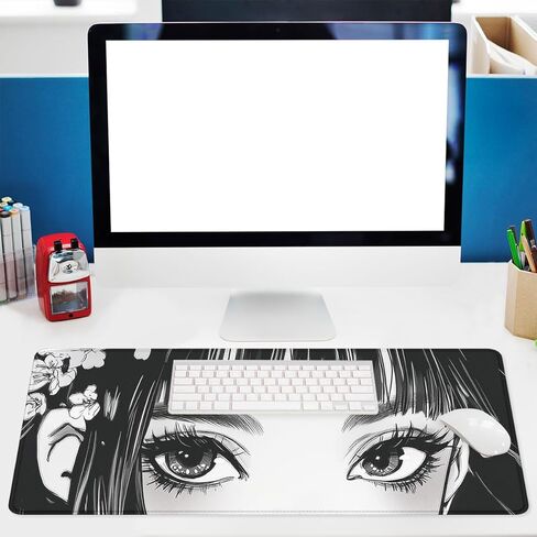 Anime Girl Eyes Gaming Mouse Pad Black White Manga Art Extended Mousepad Waterproof Stitched Edges Rubber Base Non-Slip Deskmap Computer Keyboard Mat Office Computer Keyboard Laptop 31.5x11.8 Inch in Saudi Arabia