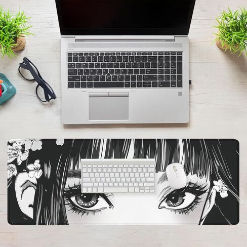 Anime Girl Eyes Gaming Mouse Pad Black White Manga Art Extended Mousepad Waterproof Stitched Edges Rubber Base Non-Slip Deskmap Computer Keyboard Mat Office Computer Keyboard Laptop 31.5x11.8 Inch in Saudi Arabia