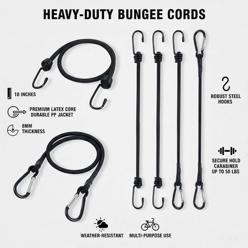 4Pcs 18 Inch Bungee Cords with Hooks & Carabiners - (2 Hooks + 2 Carabiner Clips) - Bungee Cords Heavy Duty Outdoor for Bundling Items, Fixing Tarps and Tents (4pcs 18Inch) in Saudi Arabia