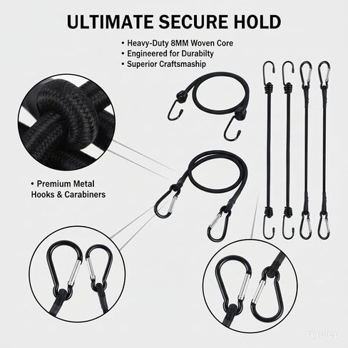 4Pcs 18 Inch Bungee Cords with Hooks & Carabiners - (2 Hooks + 2 Carabiner Clips) - Bungee Cords Heavy Duty Outdoor for Bundling Items, Fixing Tarps and Tents (4pcs 18Inch) in Saudi Arabia