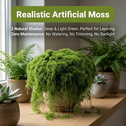 7 oz Fake Moss for Crafts, Realistic Pot Filler for Artificial & Potted Plants, Reusable Greenery Filler for Fairy Garden Decor, Includes Dark & Light Green in Saudi Arabia