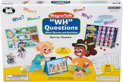 Super Duper Publications | MagneTalk WH Questions Short Stories and Activities Barrier Games | Ask and Answer Questions, Vocabulary, & Story Comprehension | Who, What, Where, When, Why, How, & Which in Kuwait