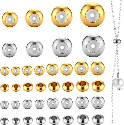 40 PCS 5/6/7/8 mm Stopper Beads, Stopper Beads for Bracelets, Brass Silicone Rondelle Spacer Bead with Rubber Inside Gold Plated Stoppers Bead for DIY Necklace Jewelry Making（Gold, Silver in Kuwait