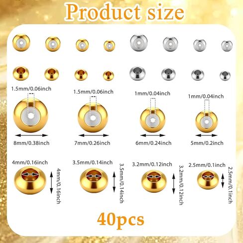 40 PCS 5/6/7/8 mm Stopper Beads, Stopper Beads for Bracelets, Brass Silicone Rondelle Spacer Bead with Rubber Inside Gold Plated Stoppers Bead for DIY Necklace Jewelry Making（Gold, Silver in Kuwait