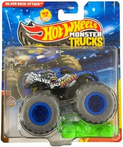Hot Wheels Monster Trucks Silver Back Attack, Stripes Earned 2/4 [Includes Crushed Car] New for 2026! 1:64 Scale Diecast Toy Vehicle in Kuwait