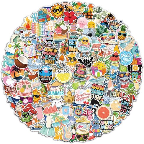 Aowplc Summer Stickers Pack - 207 Pcs Glossy Waterproof Vinyl Die Cut Stickers - Assorted Summer Designs for Water Bottles, Laptops and More in Saudi Arabia
