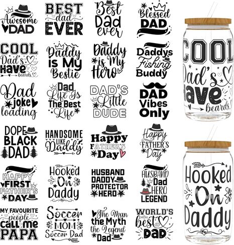 24 PCS Father's Day Best Dad UV DTF Cup Wrap 16oz Ready, rub on Stickers High Viscosity Self-Adhesive for Glass Cans and Hard Surfaces in Saudi Arabia