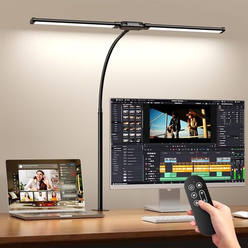 SKYLEO LED Desk Lamp with Clamp - Double Head Desk Light with Remote and Touch - Eye Protection - 12 W, 5 Color Modes, Timer and Memory Function, Flexible Gooseneck - for Office, Reading - Black in Saudi Arabia