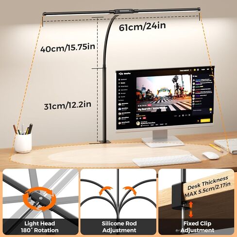 SKYLEO LED Desk Lamp with Clamp - Double Head Desk Light with Remote and Touch - Eye Protection - 12 W, 5 Color Modes, Timer and Memory Function, Flexible Gooseneck - for Office, Reading - Black in Saudi Arabia