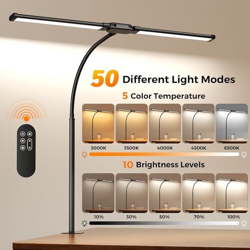 SKYLEO LED Desk Lamp with Clamp - Double Head Desk Light with Remote and Touch - Eye Protection - 12 W, 5 Color Modes, Timer and Memory Function, Flexible Gooseneck - for Office, Reading - Black in Saudi Arabia