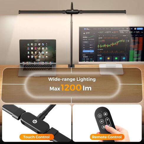 SKYLEO LED Desk Lamp with Clamp - Double Head Desk Light with Remote and Touch - Eye Protection - 12 W, 5 Color Modes, Timer and Memory Function, Flexible Gooseneck - for Office, Reading - Black in Saudi Arabia