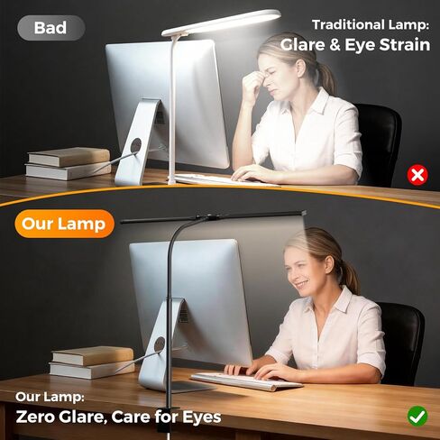 SKYLEO LED Desk Lamp with Clamp - Double Head Desk Light with Remote and Touch - Eye Protection - 12 W, 5 Color Modes, Timer and Memory Function, Flexible Gooseneck - for Office, Reading - Black in Saudi Arabia