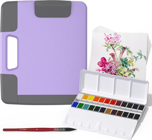 Travel Watercolor Paint Set, Watercolor Set Includes 24 Colors Solid Watercolors + 7.5x7.5 inch 50% Cotton Watercolor Paper(20 Sheets) + 1 Watercolor Brush + Purple Handheld Organizer in Saudi Arabia