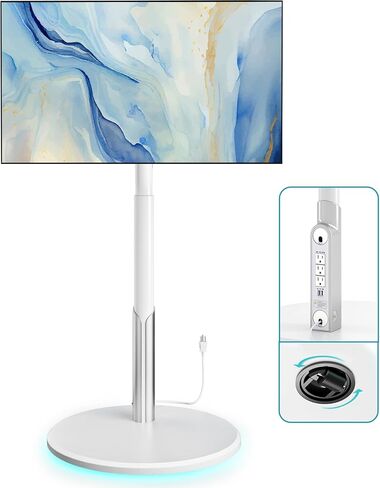 حامل تلفزيون متنقل على الأرض مع مخرج طاقة، عربة تلفزيون دوارة لشاشات OLED LED مقاس 27-65 بوصة، 6 مستويات لضبط الارتفاع، إضاءة محيطة على العجلات السفلية تحمل ما يصل إلى 88 رطل، 400 × 400 مم in Kuwait