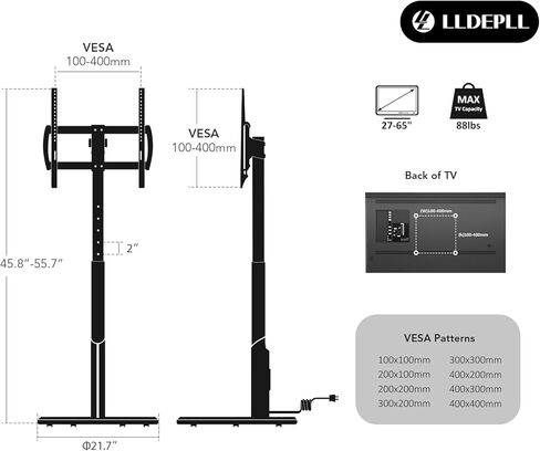 حامل تلفزيون متنقل على الأرض مع مخرج طاقة، عربة تلفزيون دوارة لشاشات OLED LED مقاس 27-65 بوصة، 6 مستويات لضبط الارتفاع، إضاءة محيطة على العجلات السفلية تحمل ما يصل إلى 88 رطل، 400 × 400 مم in Kuwait