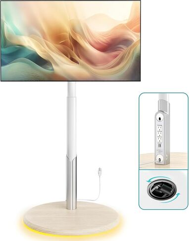 حامل تلفزيون متنقل على الأرض مع مخرج طاقة، عربة تلفزيون دوارة لشاشات OLED LED مقاس 27-65 بوصة، 6 مستويات لضبط الارتفاع، إضاءة محيطة على العجلات السفلية تحمل ما يصل إلى 88 رطل، 400 × 400 مم in Kuwait