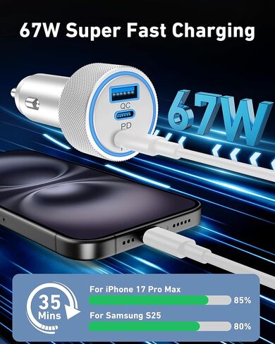 67W USB C شاحن سيارة سريع لـ iPhone 16/16 Plus/16 Pro/16 Pro/15/15 Pro Max ، Samsung S25/S24/S23 Ultra ، 3-Port PD/QC Multiport USB C Car Adapter Adapter for Men Women مع نساء 3ft كابل من النوع C إلى C in Saudi Arabia