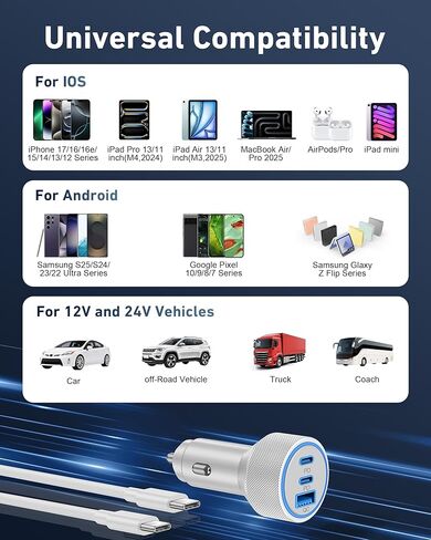 67W USB C شاحن سيارة سريع لـ iPhone 16/16 Plus/16 Pro/16 Pro/15/15 Pro Max ، Samsung S25/S24/S23 Ultra ، 3-Port PD/QC Multiport USB C Car Adapter Adapter for Men Women مع نساء 3ft كابل من النوع C إلى C in Saudi Arabia