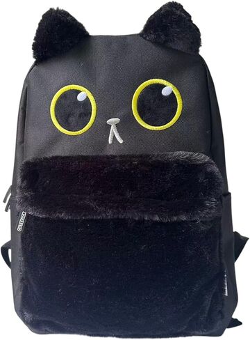 Kawaii Black Cat School Backpack with Cute Fur 3D Face Fluffy Casual Aesthetic Bookbag Simple Laptop Backpack Waterproof Daypack for Women Men (Black Cat) in Kuwait