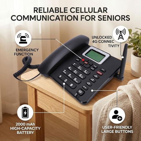Yoidesu Wireless GSM Desk Phone 4G LTE تصميم غير مقفل، هاتف منزلي مزود ببطاقة SIM بطارية 2000 مللي أمبير في الساعة، مكالمة طوارئ SOS، مفاتيح عالية الحجم، شحن من النوع C لكبار السن والاستخدام المنزلي in Kuwait