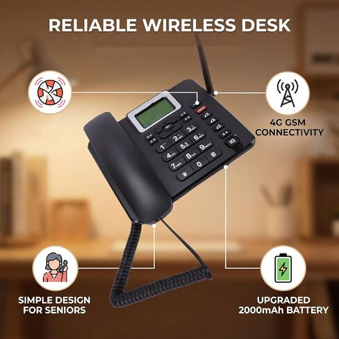 Yoidesu Wireless GSM Desk Phone 4G LTE تصميم غير مقفل، هاتف منزلي مزود ببطاقة SIM بطارية 2000 مللي أمبير في الساعة، مكالمة طوارئ SOS، مفاتيح عالية الحجم، شحن من النوع C لكبار السن والاستخدام المنزلي in Kuwait