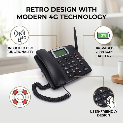 Yoidesu Wireless GSM Desk Phone 4G LTE تصميم غير مقفل، هاتف منزلي مزود ببطاقة SIM بطارية 2000 مللي أمبير في الساعة، مكالمة طوارئ SOS، مفاتيح عالية الحجم، شحن من النوع C لكبار السن والاستخدام المنزلي in Kuwait