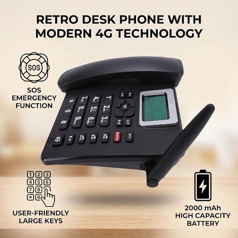 Yoidesu Wireless GSM Desk Phone 4G LTE تصميم غير مقفل، هاتف منزلي مزود ببطاقة SIM بطارية 2000 مللي أمبير في الساعة، مكالمة طوارئ SOS، مفاتيح عالية الحجم، شحن من النوع C لكبار السن والاستخدام المنزلي in Kuwait