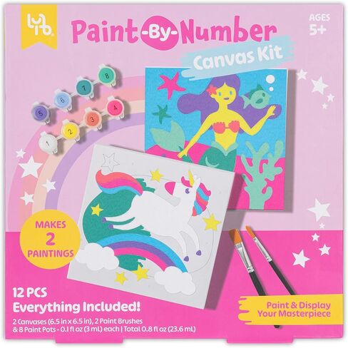 Unicorn & Mermaid Paint-by-Number Canvas Kit - All-in-1 Art Set, Magical Paintings, 8 Non-Toxic Paint Pots, 2 Brushes, Kids 5+ in Saudi Arabia