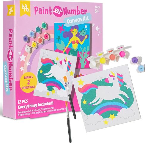 Unicorn & Mermaid Paint-by-Number Canvas Kit - All-in-1 Art Set, Magical Paintings, 8 Non-Toxic Paint Pots, 2 Brushes, Kids 5+ in Saudi Arabia