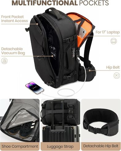 Fanwoli Vacuum Travel Backpack with One-Button Compression | Detachable Hip Belt | TSA Lock | Expandable Water Resistant Carry-On Suitcase Luggage, Ideal for Travel/Business Trips/Outdoor in Kuwait