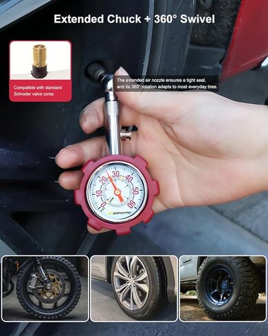 ATsafepro Tire Pressure Gauge, 5-60 PSI, ANSI B40.1 Certified, Extended 360° Swivel Head, Hold & Bleed Button, Dual Guard,Tire Gauges Fit for Cars and Motorcycles - Compact & Battery-Free in Saudi Arabia