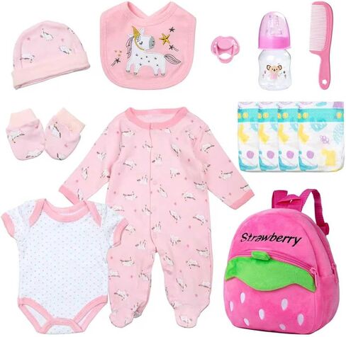 13 Pcs Reborn Baby Doll Clothes Set for 17-22 Inch Babydolls, Strawberry Reborn Baby Doll Accessories and Clothes with Plush-finish Backpack, Strawberry Trousers, and Bib for Realistic Babydolls, Pink in Saudi Arabia