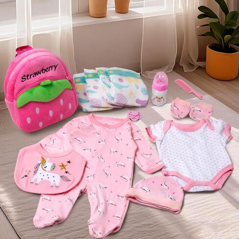 13 Pcs Reborn Baby Doll Clothes Set for 17-22 Inch Babydolls, Strawberry Reborn Baby Doll Accessories and Clothes with Plush-finish Backpack, Strawberry Trousers, and Bib for Realistic Babydolls, Pink in Saudi Arabia