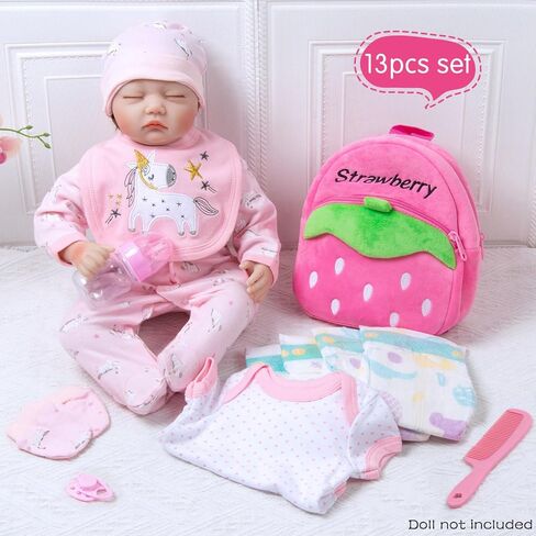 13 Pcs Reborn Baby Doll Clothes Set for 17-22 Inch Babydolls, Strawberry Reborn Baby Doll Accessories and Clothes with Plush-finish Backpack, Strawberry Trousers, and Bib for Realistic Babydolls, Pink in Saudi Arabia