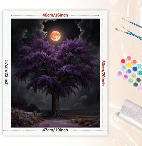 Purple Tree with Full Moon Paint by Numbers Kit for Adults - DIY Mysterious Night Road Painting on Canvas 16x20 Inches, Acrylic Paint Set, Suitable for Beginners, Art for Home Decoration or Gifts in Kuwait