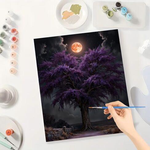 Purple Tree with Full Moon Paint by Numbers Kit for Adults - DIY Mysterious Night Road Painting on Canvas 16x20 Inches, Acrylic Paint Set, Suitable for Beginners, Art for Home Decoration or Gifts in Kuwait
