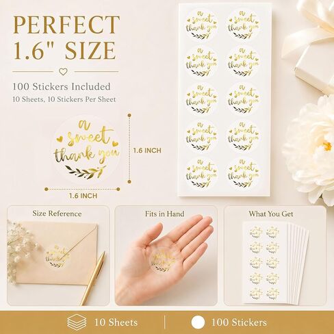 100 x A Sweet Thank You Gold Foil Stickers for Wedding Favors, Bridal Shower, Baby Shower, Birthday Party Treat Bags & Gift Packaging, 1.6" Clear Round Elegant Thank You Labels in Saudi Arabia