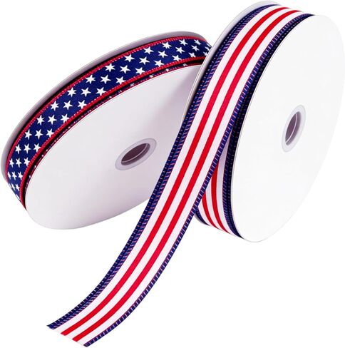Songye 1 Inch Patriotic Wired Ribbon, 2 Rolls Total 20 Yards Red White Blue Star Stripe Ribbon for 4th of July Independence Day Veterans Day Wreath DIY Crafts Holiday Decor in Saudi Arabia