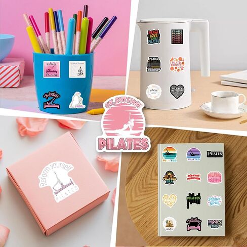 61pcs Pilates Stickers Pack, Aesthetic Cute Vinyl Waterproof Decals for Water Bottle,Laptop,Phone,Skateboard,Scrapbooking,Bumper for Birthday Party Supply Decor in Kuwait