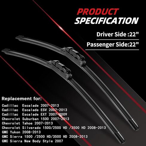 OTUAYAUTO Windshield Wiper Blades Replacement for Cadillac Escalade 2007-2013, GMC Yukon Sierra 2007-2013 Chevy Silverado Tahoe Suburban All-Weather Performance, Pinch Tab 22"+22" (Pack of 2) in Kuwait